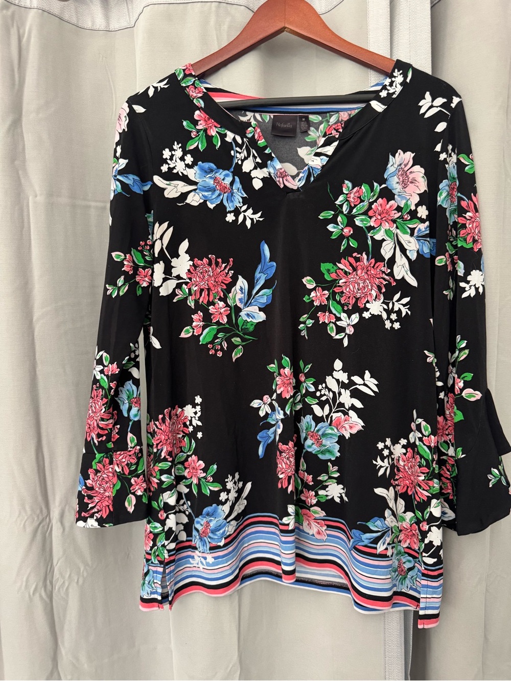 Black Floral V-Neck Women's Top with Pink & Blue Blooms